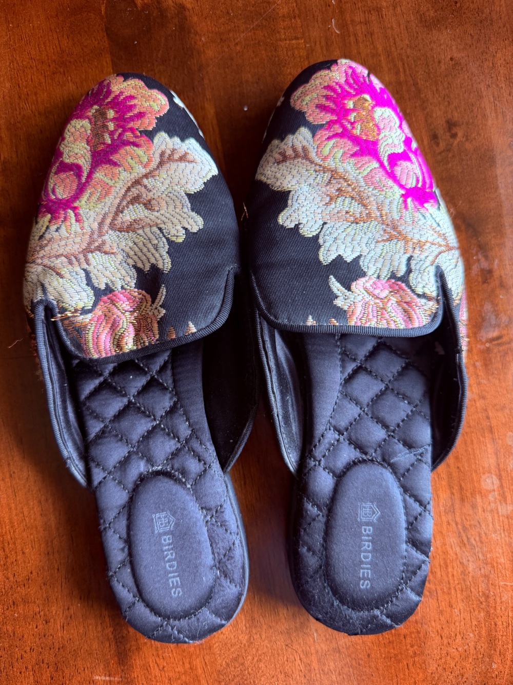 Birdies Black Slippers with Pink and Gold Floral Embroidery